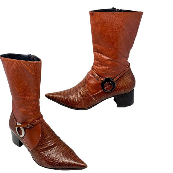 Pour L'Amour Italian Cognac‎ Leather Pointed Mid Calf Zip Boots - Picture 15 of 15